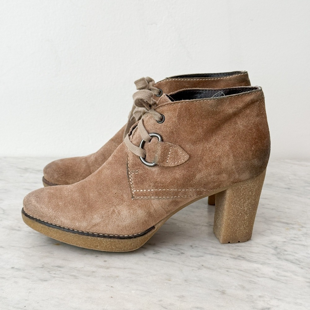 Boho Italian Suede Lace‎ Up Ankle Boots 39 Tan Block Heel Platform Booties